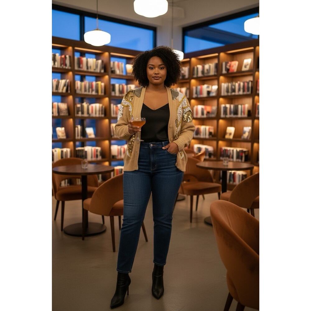 Vintage Alexa Grace Medium Tan White Embellished Glitter Lace Metallic Cardigan